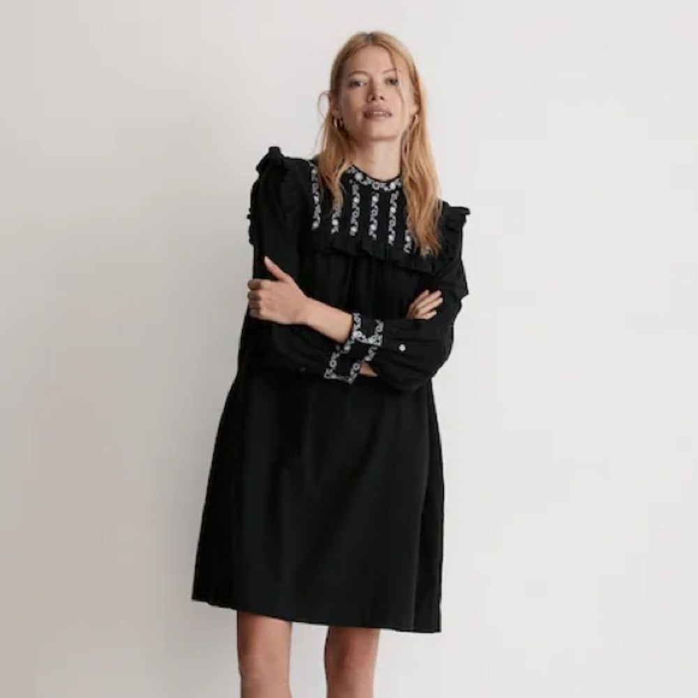 Madewell Women’s Black White Embroidery Bib Ruffle Boho Long Sleeve Mini Dress